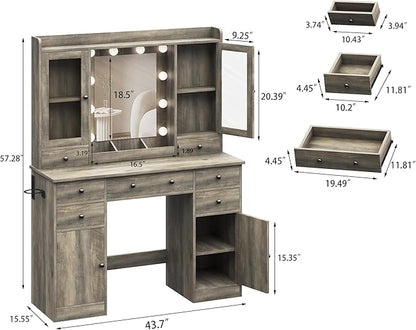 Vanity Desk with Mirror and Lights, Grey Vanity with Lighted Mirror & Power Outlet and 7 Drawers, 3 Color Modes Adjustable, Makeup Dressing Table Set with Lights for Girls Women