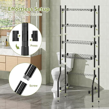 Simple Trending 4 Tier Over The Toilet Storage Rack, Bathroom Organizers and Storage Over Toilet with Adjustable Shelf and Basket, (Black)