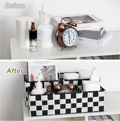 2-Pack Checker Pattern Woven Bins, 16” Ribbon Metal Wire Desk Organizer, Drawer Dresser Baskets, Countertop Toilet Paper Storage Containers (Black & White)