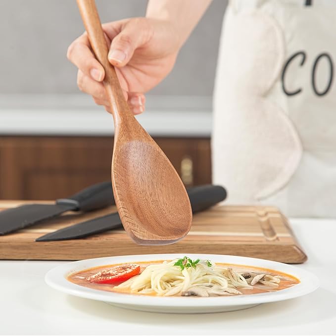 MornHalo 2PCS Acacia Wooden Spoons For Cooking-14 Inch Smooth Finish Cooking Spoons-Comfortable Grip Wood Spoons for Cooking - Non-Stick Cooking Utensils (Corner spoon + Cooking Spatula)