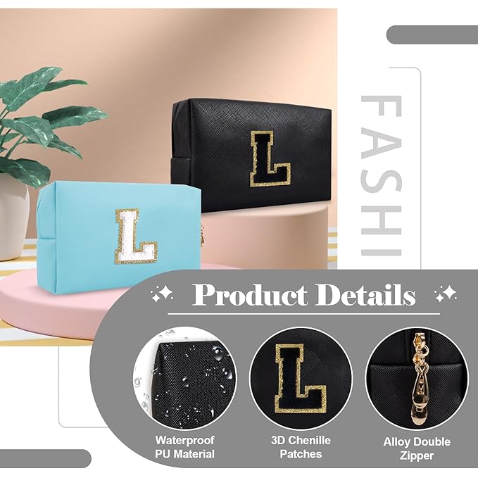 Personalized Initial A-Z Preppy Patch Makeup Bag,Small PU Chenille Letter Cosmetic Bag with Zipper for Teen Girls,Black Cute Toiletry Organizer Bag,Monogram Makeup Case Gift for Women Girls,Letter L