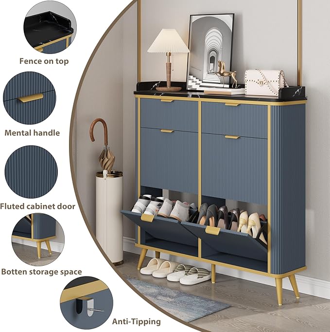 Shoe Cabinet with 4 Flip Drawers and 2 Drawers, Modern Fluted Wood Shoe Storage with Adjustable Shelves, Narrow Slim Shoe Organizer for Entrance, Foyer, Hallway, Navy Blue