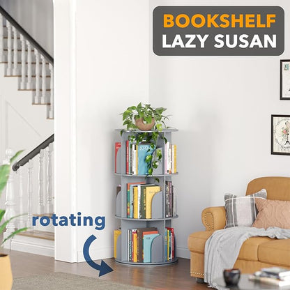 SpaceAid 3 Tier Rotating Bookshelf Tower, Spinning Bookcase Lazy Susan, Revolving 360 Book Shelf Storage Round Carousel, Vertical Rotate Turning Spiral Corner Organizer, Gray