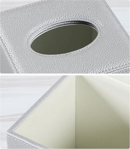 JLAMBOM PU Leather Tissue Box Cover Square Tissue Box Holder with Magnetic Closure, Decorative Tissue Holder for Bathroom Bedroom Office (Silver)