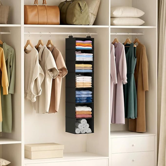 Lifewit 7 Tier Hanging Closet Organizer and Storage for Shelves, 1 Pack Foldable Clothes Shelf with 2 Sturdy Hooks, Sweater/Coat/Shoes Clothing Organization for Wardrobe, Dorm, Bedroom, Black