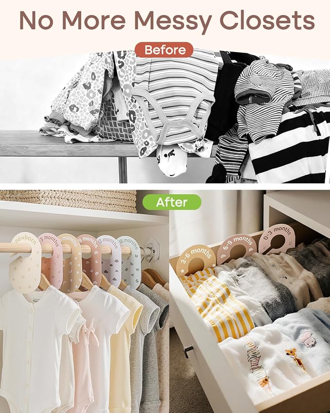 Baby Size Clothes Dividers for Closet: Nursery Hanger Month Dividers for Clothing Organizer - Set of 7 Infant Age Separators from Newborn to 24 Months for Boho Room Decor