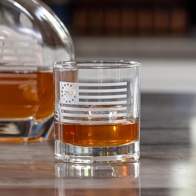 Rolf Glass America250™ Betsy Ross Flag On the Rocks Glass | 10oz Whiskey Glass | Made in America | Deep Engraved 13-Star Flag | Officially Licensed America250™ Product | Set of 2
