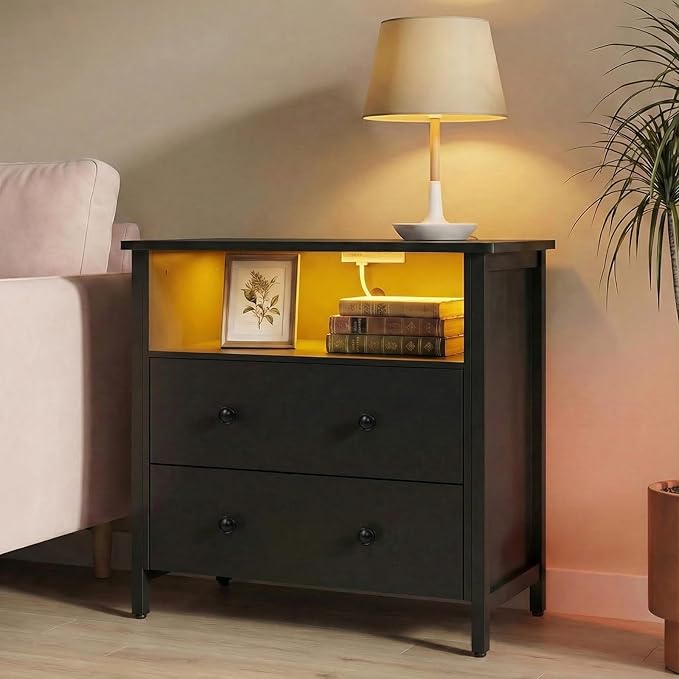27 Inch Wide Night Stand, Large Wood Night Stand with 2 Drawer, LED Nightstand with Charging Station and Adjustable Drawer, Bedside Table for Living Room/Bedroom/Study/Office, Black.