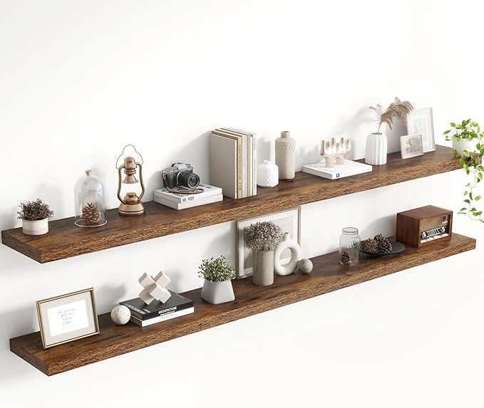 Acovy 72 Inch Floating Shelves, 8 Inch Deep Floating Shelves for Wall, Hanging Shelf with Invisible Brackets, Deep Shelves for Bathroom, Bedroom, Living Room, Brown, Set of 2