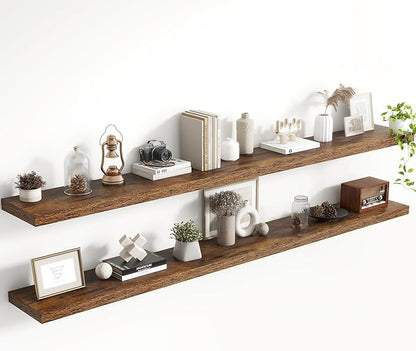 Acovy 72 Inch Floating Shelves, 8 Inch Deep Floating Shelves for Wall, Hanging Shelf with Invisible Brackets, Deep Shelves for Bathroom, Bedroom, Living Room, Brown, Set of 2