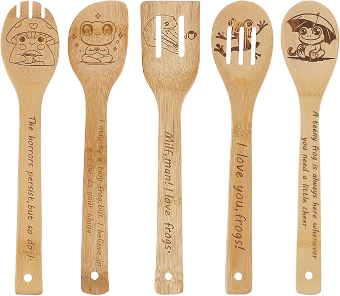 5PCS Frog Wooden Cooking Spoons Kitchen Decor Frog Gifts for Women Men Frog Lovers Birthday Gifts Party Favors Housewarming Wedding Bamboo Cooking Spoons for Everyday Use