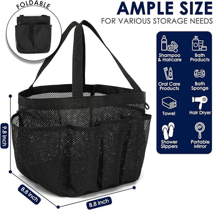 GYEUKHAM Mesh Shower Caddy Portable for College Dorm, Quick Dry Hanging Shower Bag with 8 Pockets, Bathroom Tote Organizer for Gym, Travel, Camping, Black