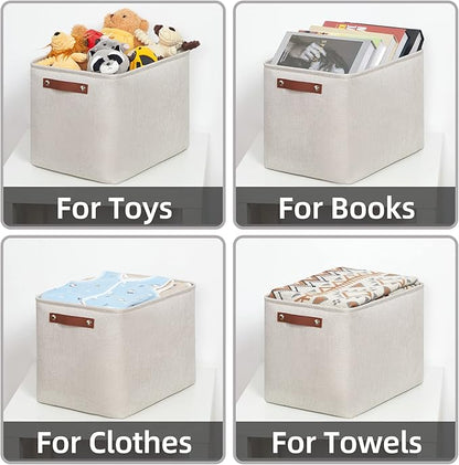 HNZIGE Large Canvas Baskets 16"×11.8"×11.8" Decorative Storage Bins with Leather Handles (2 Pack) Collapsible Rectangle Storage Baskets for Organizing Clothes, Toy, Books, Sundries, Tools(Cream)