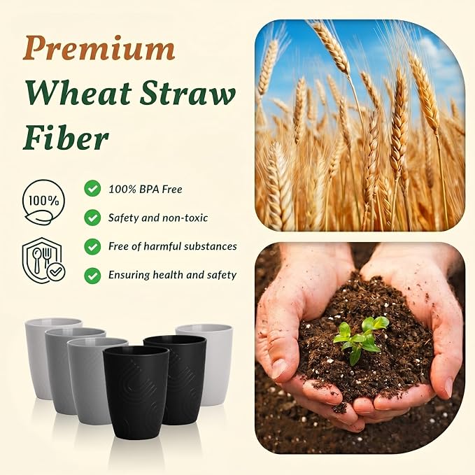 Homienly Drinking Glasses 16oz Wheat Straw Cups-Stackable and Reusable Cups, Alternative to Plastic Cups for Iced Coffee, Smoothies,Iced Tea-Black Grey
