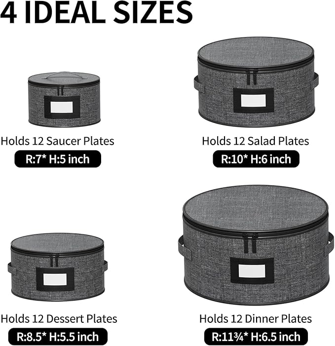 Aokeyee 4-Piece Plate Storage Box, Hard Shell Storage Containers with 48 Soft Dividers for Saucer, Dessert, Salad & Dinner Plates, Sturdy Quilted Stackable Dish Organizer for Moving & Protection, Grey