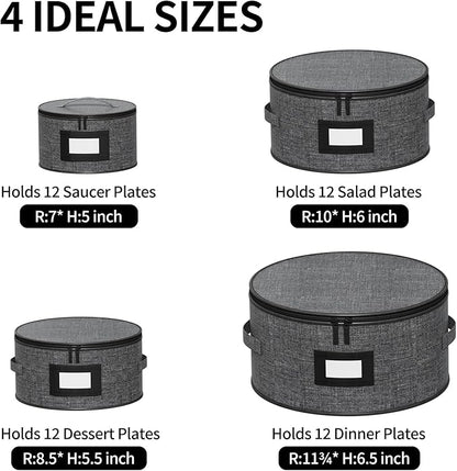 Aokeyee 4-Piece Plate Storage Box, Hard Shell Storage Containers with 48 Soft Dividers for Saucer, Dessert, Salad & Dinner Plates, Sturdy Quilted Stackable Dish Organizer for Moving & Protection, Grey