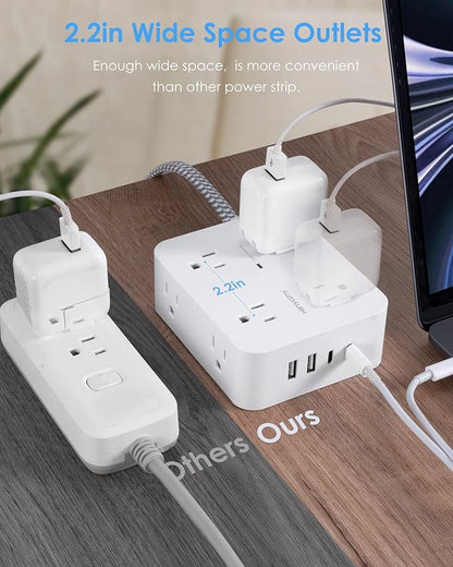 6Ft Surge Protector Power Strip with USB C, HANYCONY Extension Cord with 8 Outlets(2.2 IN) 4 USB Ports(2 USB C), Flat Plug, Wall Mount, 3 Side Outlet Extender for Home Dorm Room Essentials, ETL Listed