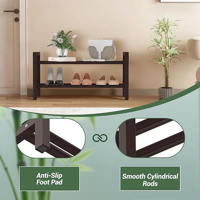 Haddockway Bamboo Shoe Rack for Closet, Free Standing Shoe Organizer with Smooth Round Rods & Convenient Handles, Stackable Shoe Storage Shelf for Entryway, Hallway(Brown, 2-Tier(Small))