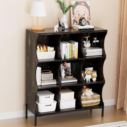 9 Cube Book Shelf, Low and Short Bookshelf, Long Cube Storage Organizer Wood TV Stand, Toy Organization DVD Cabinets for Living Room, Office, Bedroom, Dorm, Dark Brown with Dark Brown Top