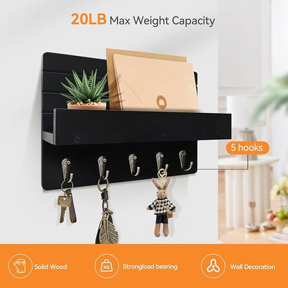 Key Holder Wall Mount, Rustic Key Hooks for Wall with Shelf for Mail Organizer, Entryway Decorative Key Rack with 5 Sturdy Hooks for Hanging Keys, Dog Leash, Sunglasses Wooden Key Hanger