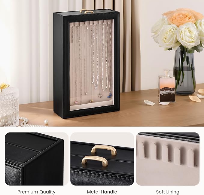 Lolalet Necklace Organizer Box, Jewelry Storage Box with Clear Window for Necklaces Bracelets, Tangle-Free Necklace Display Case for Women Girls, Black, 2 Layers 20 Hooks