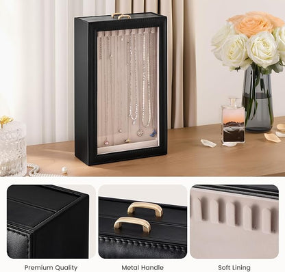 Lolalet Necklace Organizer Box, Jewelry Storage Box with Clear Window for Necklaces Bracelets, Tangle-Free Necklace Display Case for Women Girls, Black, 2 Layers 20 Hooks