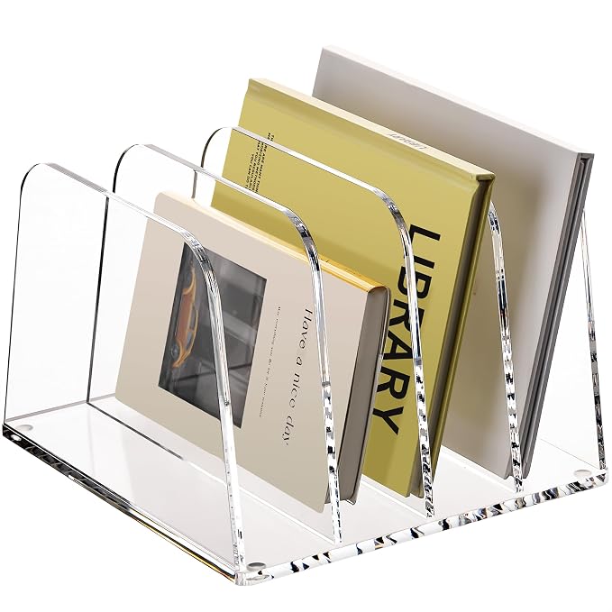 HeZone Desk File Organizer,4-Section Vertical Clear File Organizer File Holder Folder Holder Mail Sorter Acrylic Stand Rack,Office Organization for Home, Office & Classroom(1 Pack)