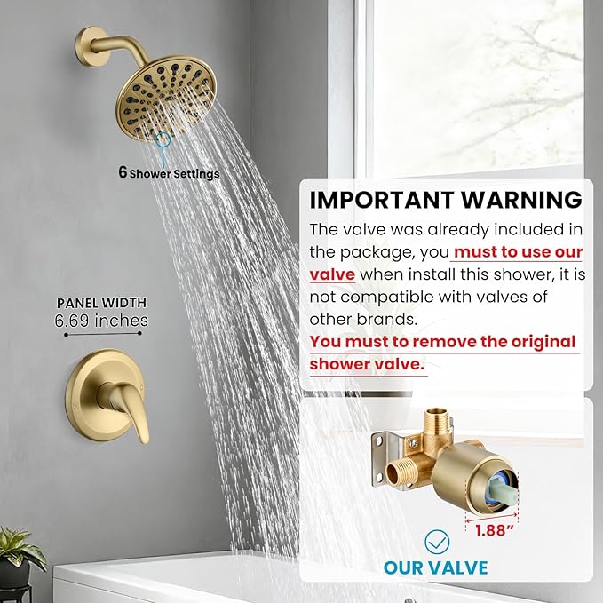 gotonovo Shower Faucet Set Bathroom Shower Head and Handle Set Complete 6 Settings 6 inch Rainfall Shower Head Kit High Pressure Shower System Combo Shower Trim Kit with Valve Brushed Gold