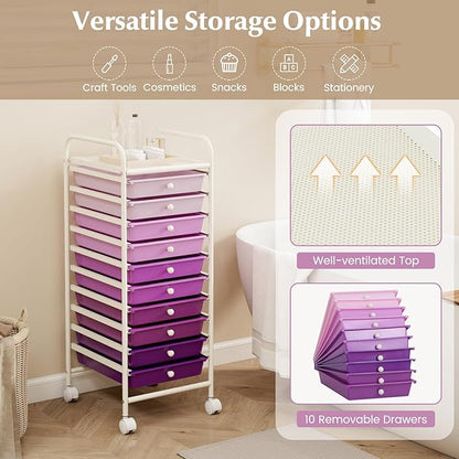 RELAX4LIFE 10 Drawer Rolling Cart - Slim Storage Cart w/Lockable Wheels for Classroom School Teacher Office, Art Supplies Paper Scrapbook Craft Organizers, Utility Cart with Drawers (Gradient Purple)