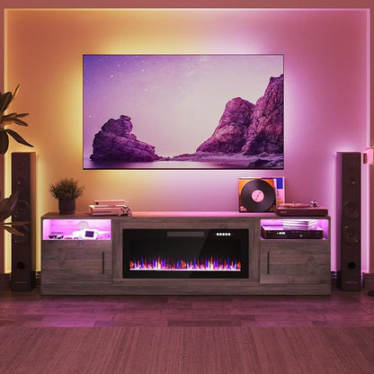 PRETZI Fireplace TV Stand with 36" Fireplace Up to 90" TVs, 80" Entertainment Center with LED Lights, Remote Control, TV Media Console with Storage Cabinets for Living Room, Grey