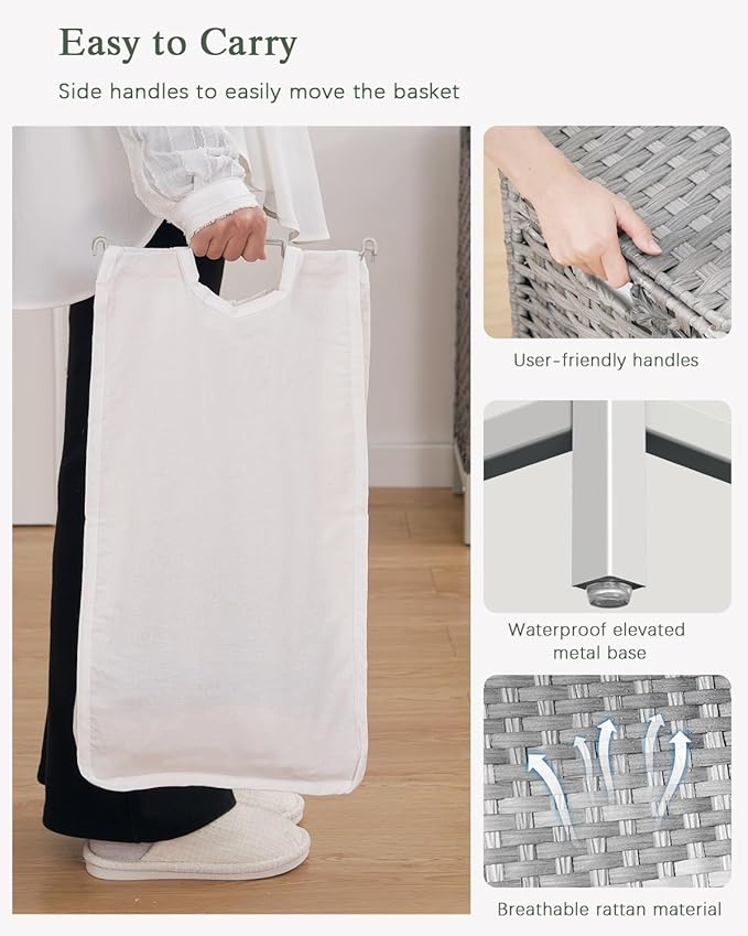 SETVSON Laundry Hamper with Lid, 112 L Handwoven Rattan Wicker Laundry Basket, 2 Removable Liner Bags Metal Heightened Feet, 6 Mesh Bags, 2 Section Large Clothes Hamper for Bathroom Bedroom, Gray