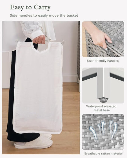 SETVSON Laundry Hamper with Lid, 112 L Handwoven Rattan Wicker Laundry Basket, 2 Removable Liner Bags Metal Heightened Feet, 6 Mesh Bags, 2 Section Large Clothes Hamper for Bathroom Bedroom, Gray