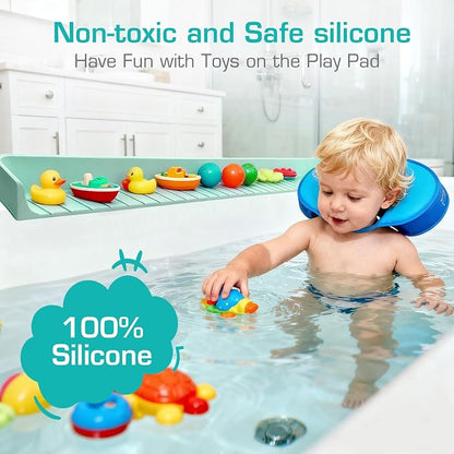 31.5" Bathtub Splash Guard for Kids & Toddlers - Silicone Play Shelf & Toy Storage Tray with Strong Suction Cups to Prevent Water Spills, No-Leak Fun Bath Time - Tub Toy Holder Ledge,Green