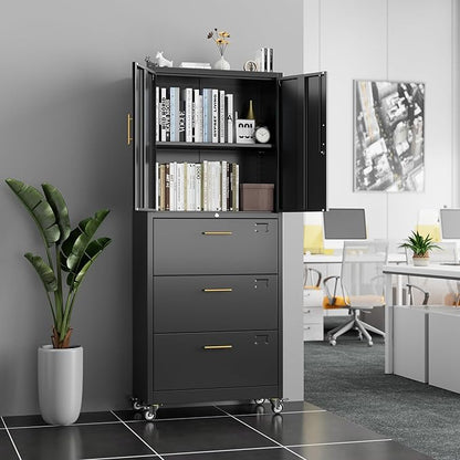 METAN Metal File Cabinet with 3 Drawers and 1 Shelves,Office Filing Cabinet on Wheels with Lock,Office Storage for Letter/Legal Size,Assembly Required,Black