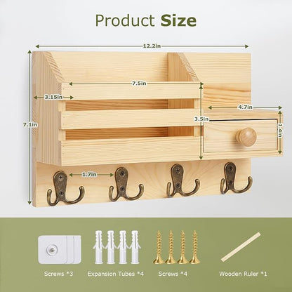 Key Holder Wall Mount, Wooden Adhesive Mail and Key Organizer with Drawer, Small Shelf, 8 Hooks, 2 Installation Methods, Natural
