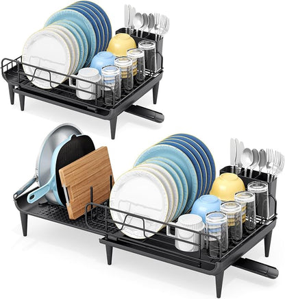 TOOLF Large Dish Drying Rack, Expandable Dish Rack for Kitchen Counter, Multifunctional Dish Drainer, Organization and Storage Essentials with Cup & Cutlery Holders, 16.7"-26.8" L x 12.6" W, Black