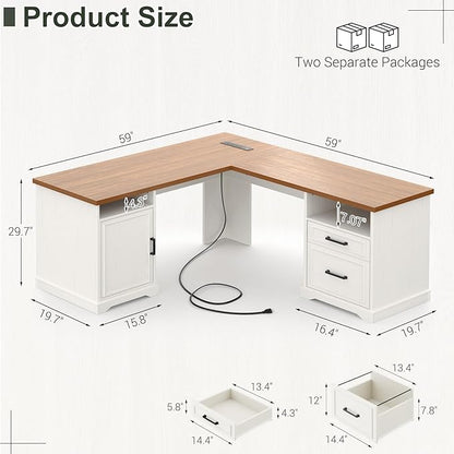 Unikito Farmhouse L Shaped Executive Desk with File Drawers, 60" Corner Computer Desk with Power Outlets, Large 2 Person Home Office Table with Storage Cabinet, Sturdy Writing Desk, White and Brown