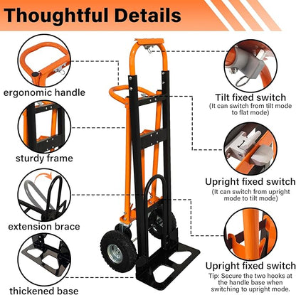 4 in 1 Industrial Convertible Hand Truck, 770 LBS Capacity Heavy Duty Dolly Cart with 4 Wheels, Versatile Folding Trolley with Ergonomic Handles, Platform Cart for Transport, Moving, Warehouse, Home