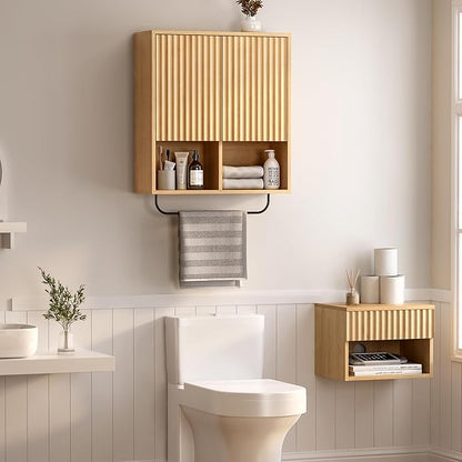 Fluted Wall Cabinets with Doors and Shelves Set of 2, Modern Medicine Cabinet Bathroom Adjustable Shelf Towel Rack Wood Storage Cabinet for Kitchen Dining Room Living Room, Natural Oak