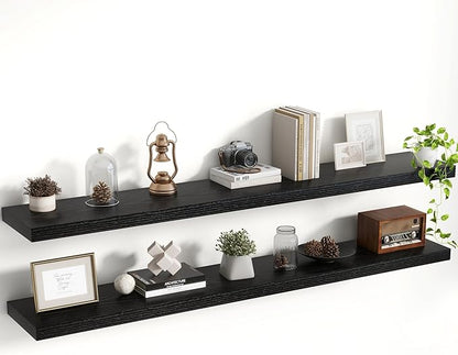 Acovy 55 Inch Floating Shelves, 8 Inch Deep Floating Shelves for Wall, Hanging Shelf with Invisible Brackets, Deep Shelves for Bathroom, Bedroom, Living Room, Black, Set of 2