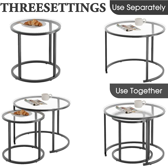 aboxoo Gold Nesting Coffee Table Set of 2, Small Glass Round Nesting Tables for Living Room Bedroom, Accent Tea Table with Black Metal Frame Modern Industrial Simple