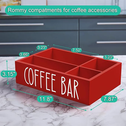 ALELION Red Coffee Station Organizer with Removable Dividers - Coffee Pod Holder Storage Basket for K Cup Sugar Tea - Red Coffee Bar Kitchen Decor Accessories Organizer for Countertop