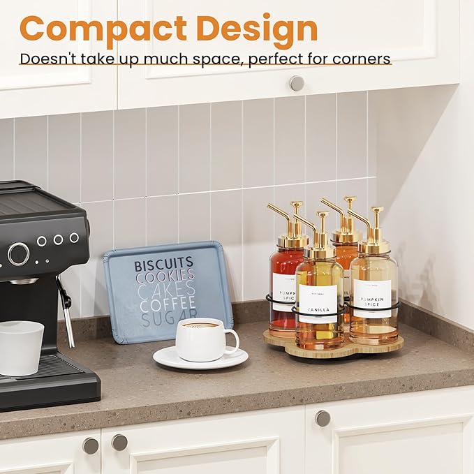 THYGIFTREE Rotating Coffee Syrup Organizer 4 Bottles Syrup Rack Dispenser16.9oz for Countertop Wood Bottle Holder Stand for Coffee Bar Station