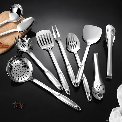 304 Stainless Steel Kitchen Utensils Set, 10 Pcs Stainless Steel Cooking Utensils Set, Heat Resistant Metal Kitchen Tools Spatulas Set, Spatulas, Spoons, Ladle, Meat Fork and Skimmer