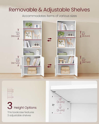 VASAGLE Custos Collection - Bookshelf, 6-Tier Tall Bookcase, Book Shelf with Doors, Open Storage Shelf, 9.4 x 23.6 x 68.9 Inches, for Living Room, Home Office, Dining Room, Cloud White ULBC402W01