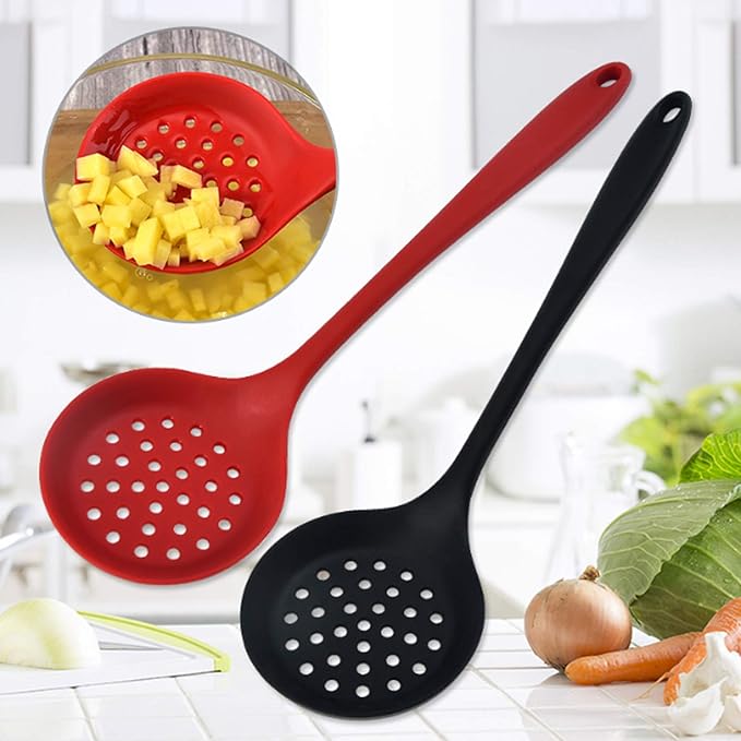 Silicone Skimmer Spoon Set 2, Non-Stick Cooking Slotted Colander Spoon Skimmer Strainer, Kitchen Sink Ladle Strainer Silicone Filter Spoon with Long Handle,Red and Black 32.5X10CM