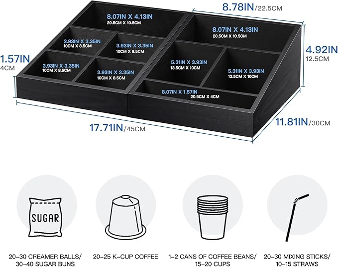 MINCORD Coffee Station Organizer Coffee Condiment Service Tray with 9 Compartment for Counter, Wood Coffee Bar Supplies Organizer for Home Office Breakroom Two-in-One Black