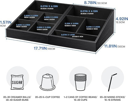 MINCORD Coffee Station Organizer Coffee Condiment Service Tray with 9 Compartment for Counter, Wood Coffee Bar Supplies Organizer for Home Office Breakroom Two-in-One Black