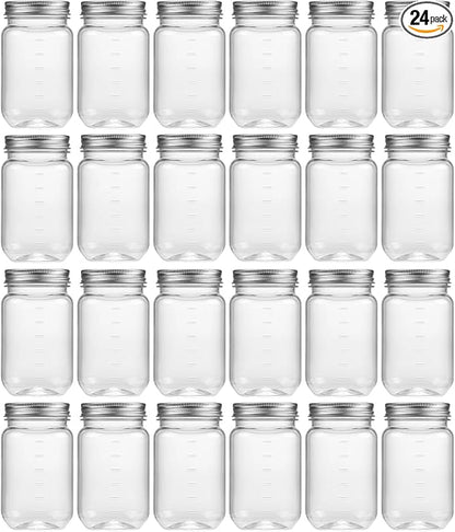 novelinks 16 oz Clear Plastic Jars with Lids, Refillable 16oz Mason Jars with Lids & Storage Containers for Kitchen & Household Use (24 Pack,Silver)