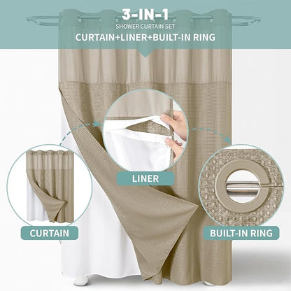 Khaki No Hook Waffle Weave Shower Curtain with snap-in Liner Replacement, 230GSM Waterproof Fabric Hotel Shower Curtain Set for Bathroom, Through Mesh Top Window,71Wx74H